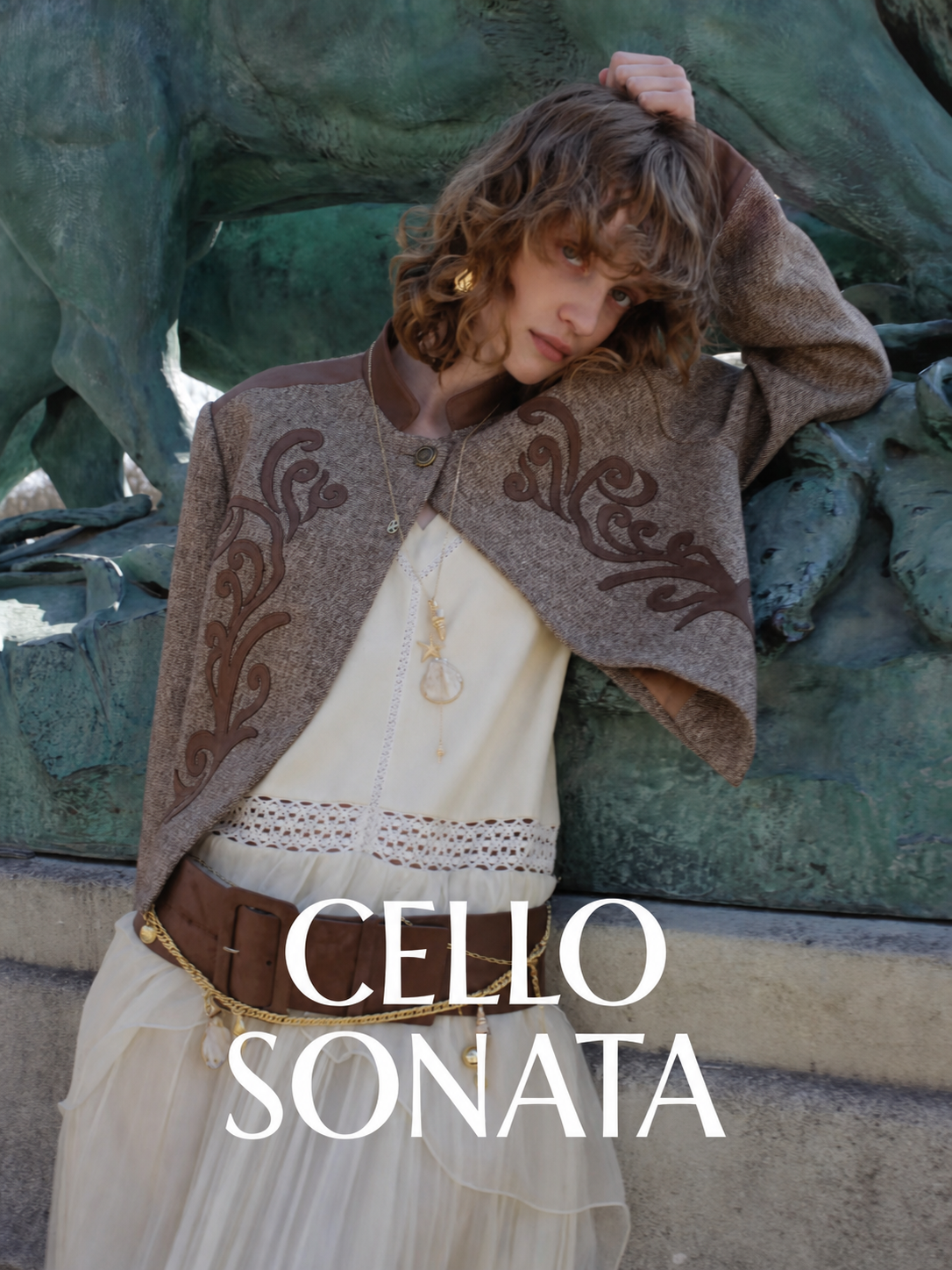CELLO SONATA Autumn Winter 2025 embroidered brown jacket campaign portrait