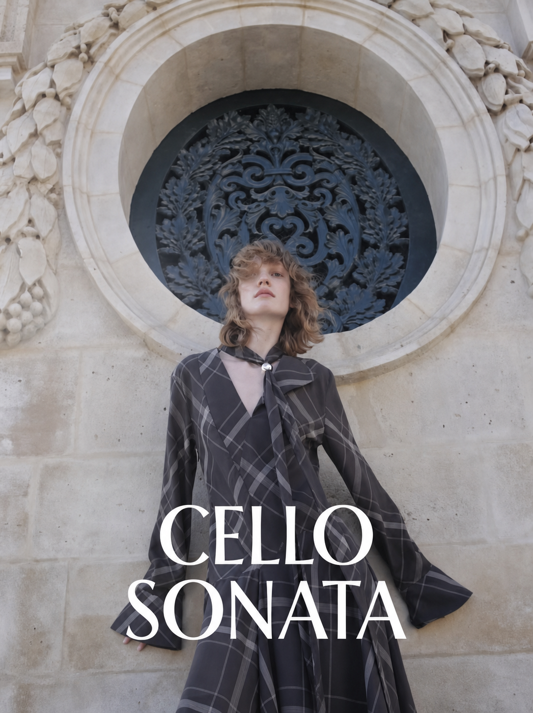 CELLO SONATA Autumn Winter 2025 checked dress campaign portrait in Paris