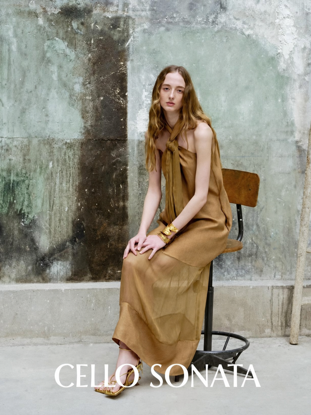 CELLO SONATA Spring Summer 2025 bronze dress campaign portrait