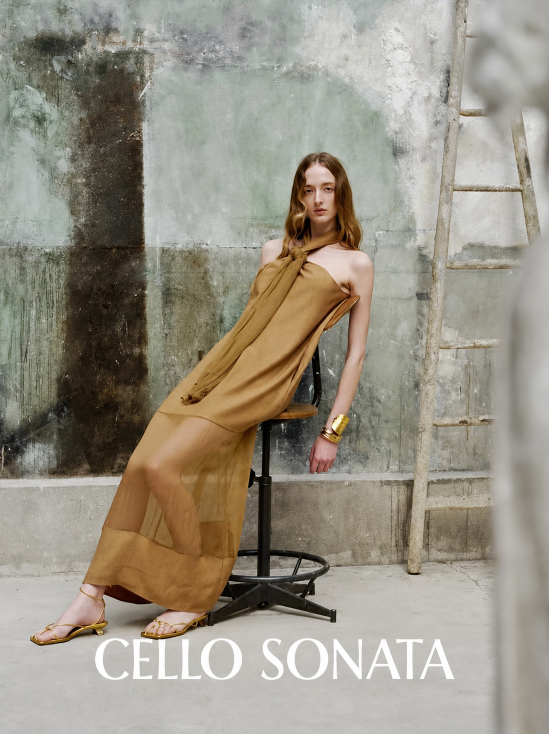 CELLO SONATA Spring Summer 2025 bronze dress campaign image