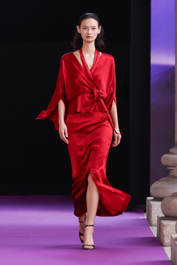 GRACE CHEN red silk runway look